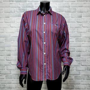 Vintage 70s John Weitz Womens M Colorful Striped Button Front Blouse Long Sleeve